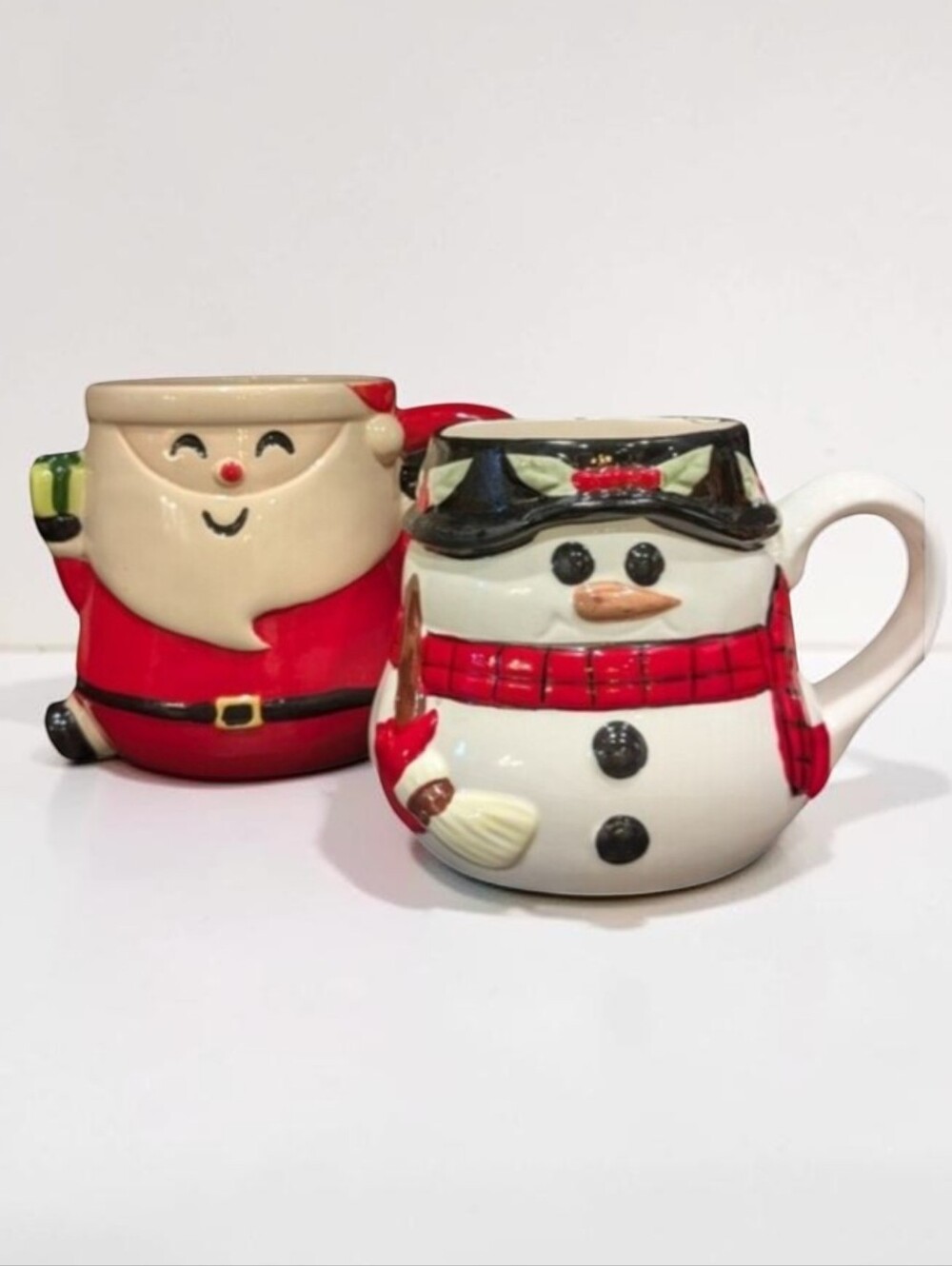 Santa Claus & Snowman Ceramic Coffee Mugs Set Of 2 Christmas Holiday